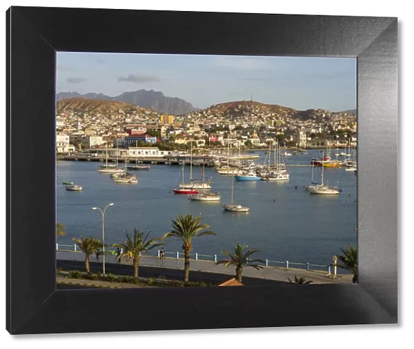 City view and view over marina and harbor. City Mindelo