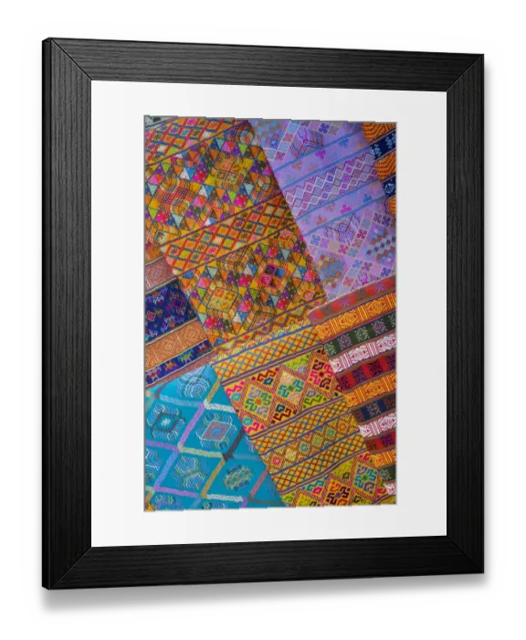 Framed Print : Bhutan, Thimphu. Traditional colorful and ornate hand woven textiles