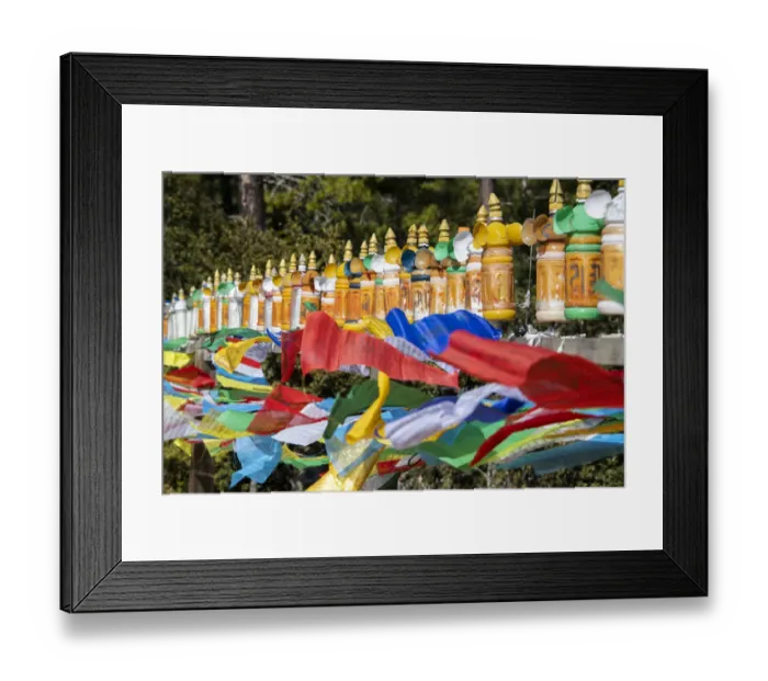 Framed Print : Bhutan, Paro. Colorful prayer wheels and flags along the hiking trail to the Tiger Framed Print : Bhutan, Paro. Colorful prayer wheels and flags along the hiking trail to the Tiger