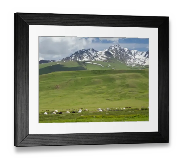 Framed Print : Summer pasture with traditional Yurts. The Suusamyr plain