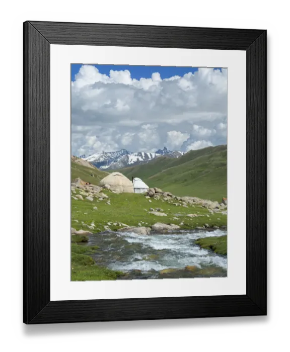 Framed Print : Landscape with Yurt at the Otmok mountain pass in the Tien Shan or heavenly mountains