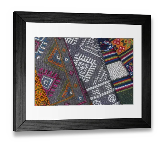 Framed Print : Bhutan, Thimphu. Traditional Bhutanese hand woven textiles, wool