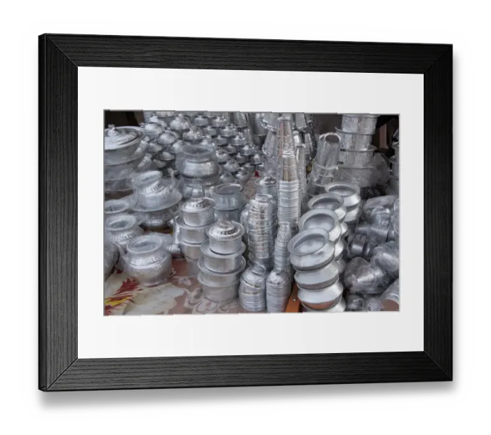 Framed Print : India, Delhi, Old Delhi. Aluminum vendor, detail of goods for sale Framed Print : India, Delhi, Old Delhi. Aluminum vendor, detail of goods for sale