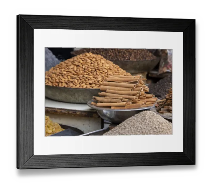 Framed Print : India, Delhi, Old Delhi. Old Delhi street market. Mixed nuts, spices and cinnamon sticks Framed Print : India, Delhi, Old Delhi. Old Delhi street market. Mixed nuts, spices and cinnamon sticks