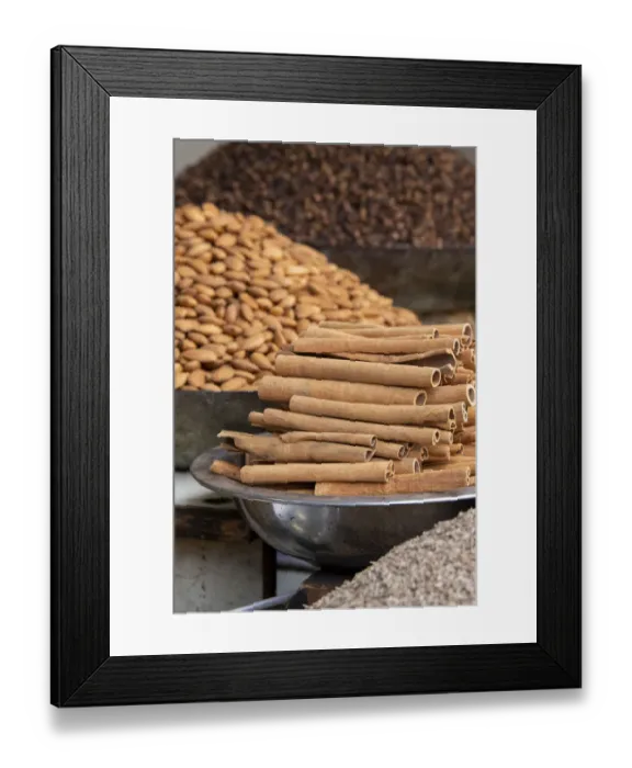 Framed Print : India, Delhi, Old Delhi. Old Delhi street market. Mixed nuts, spices and cinnamon sticks Framed Print : India, Delhi, Old Delhi. Old Delhi street market. Mixed nuts, spices and cinnamon sticks