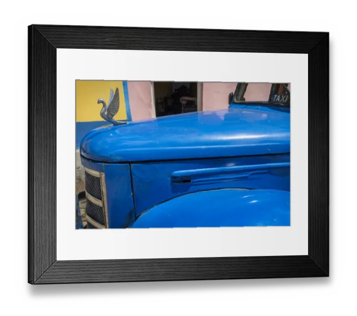 Framed Print : Detail of classic blue American car with chrome swan hood ornament in Trinidad, Cuba Framed Print : Detail of classic blue American car with chrome swan hood ornament in Trinidad, Cuba