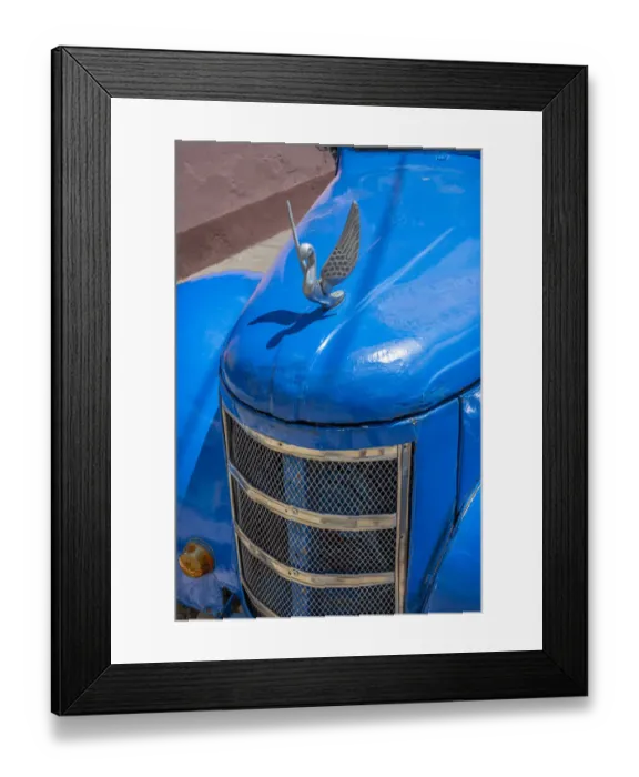 Framed Print : Detail of classic blue American car with chrome swan hood ornament in Trinidad, Cuba Framed Print : Detail of classic blue American car with chrome swan hood ornament in Trinidad, Cuba