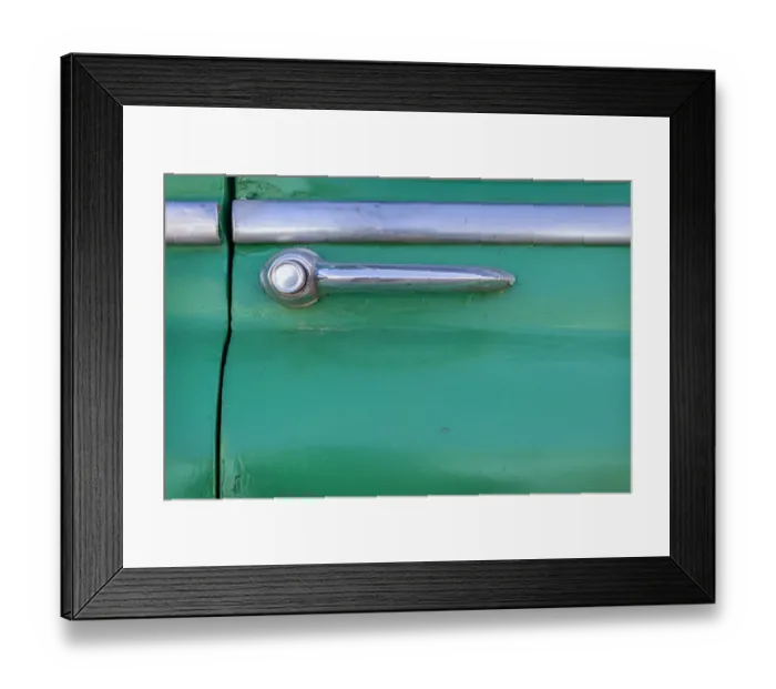Framed Print : Detail of door handle on classic green car in Trinidad, Cuba