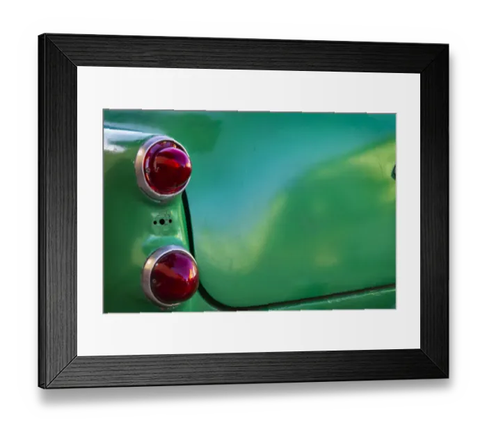 Framed Print : Detail of two red tail lights on classic green car in Trinidad, Cuba Framed Print : Detail of two red tail lights on classic green car in Trinidad, Cuba