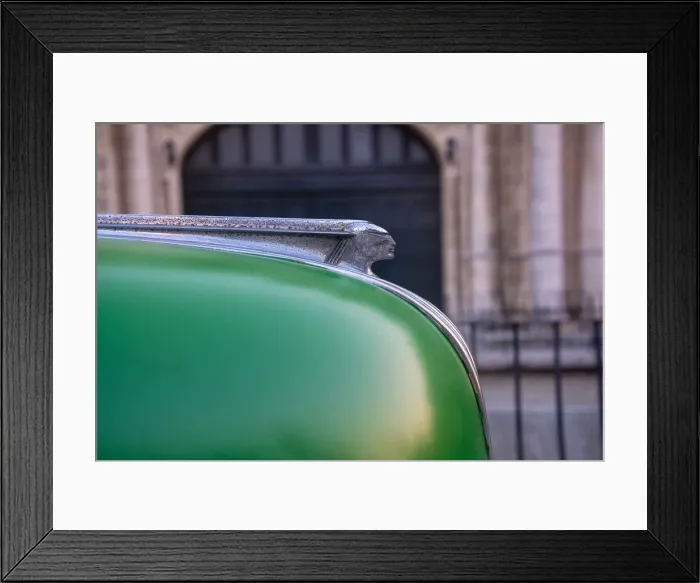 Framed Print : Detail of hood ornament on green classic American Pontiac car in Habana, Havana, Cuba