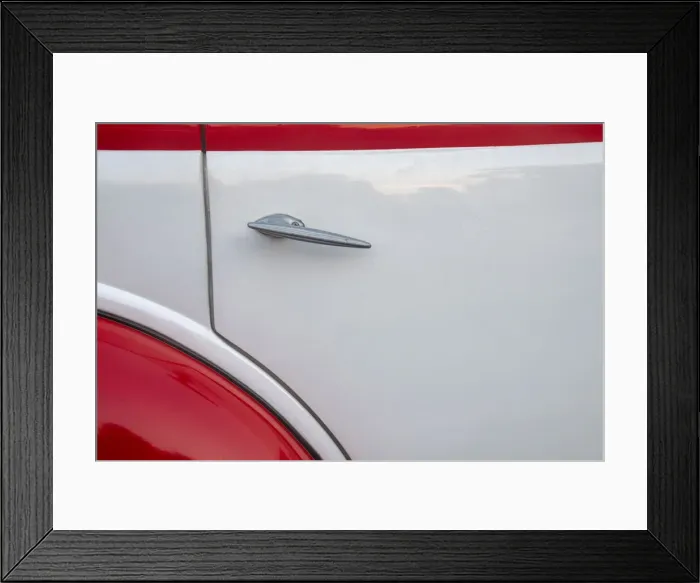 Framed Print : Detail of door on red and white classic American Ford in Habana, Havana, Cuba