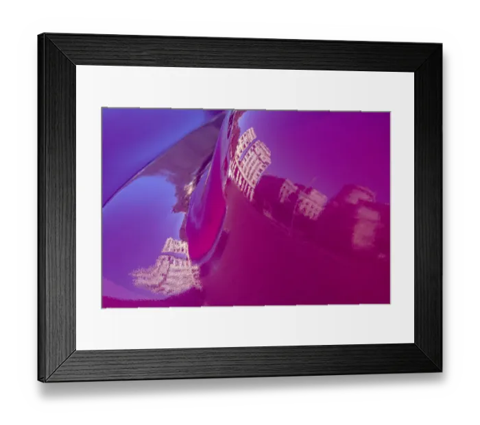 Framed Print : Reflection of buildings in trunk of hot pink classic American Oldsmobile in Vieja
