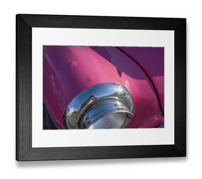 Framed Print : Detail of chrome head light on hot pink classic American Oldsmobile in Vieja, old Habana Framed Print : Detail of chrome head light on hot pink classic American Oldsmobile in Vieja, old Habana