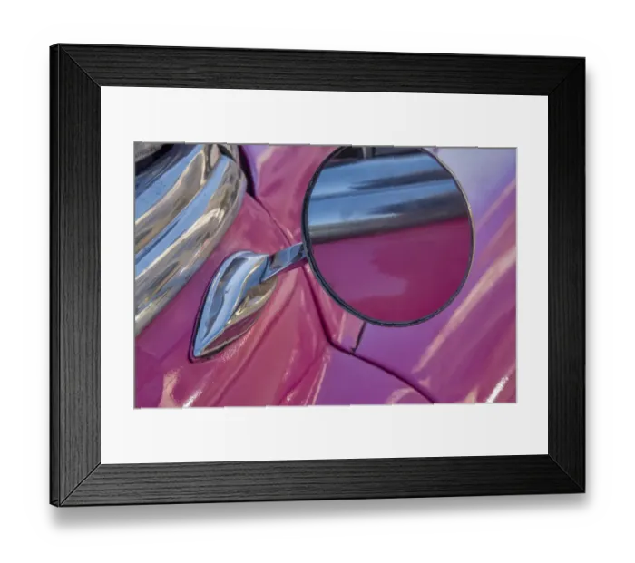 Framed Print : Close-up side mirror on hot pink classic American Oldsmobile in Vieja, old Habana, Havana Framed Print : Close-up side mirror on hot pink classic American Oldsmobile in Vieja, old Habana, Havana