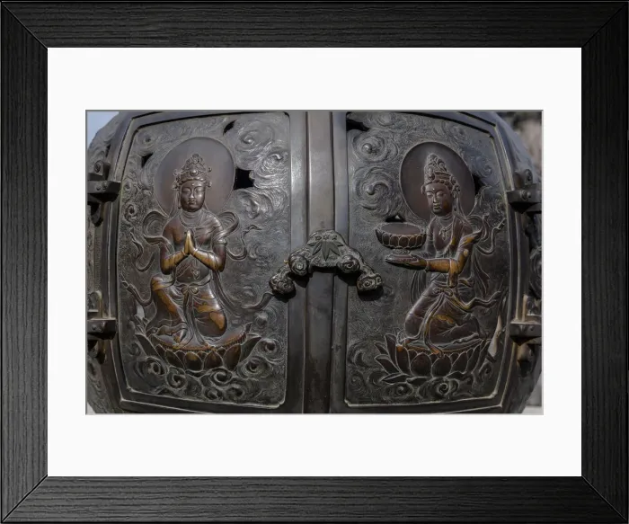 Framed Print : The ornate, engraved bronze doors to the outdoor incense burner of the Daibutsu, Kamakura