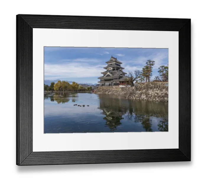 Framed Print : The reflection of the Matsumoto Castle and the castle against the mountain backdrop in