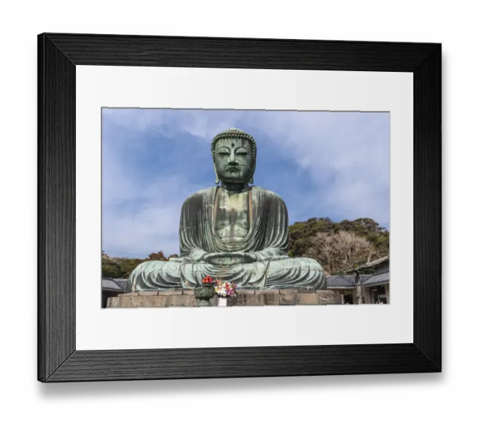 Framed Print : The Great Buddha, Daibutsu, offerings in front, blue sky above in Kamakura, Japan Framed Print : The Great Buddha, Daibutsu, offerings in front, blue sky above in Kamakura, Japan