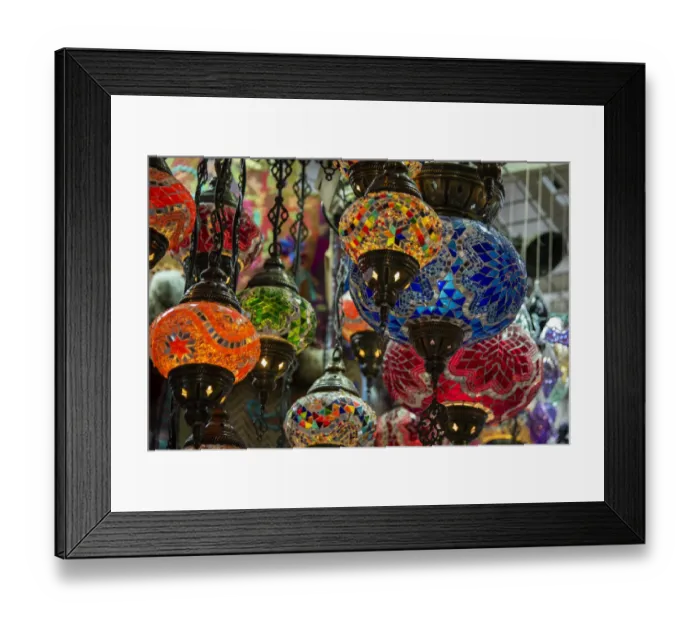 Framed Print : Oman, capital city of Muscat, Muttrah Souk. Typical colorful glass lamps on display