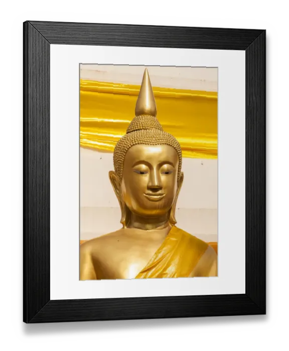 Framed Print : Thailand, Nong Khai Province. Head and shoulders of golden Buddha statue