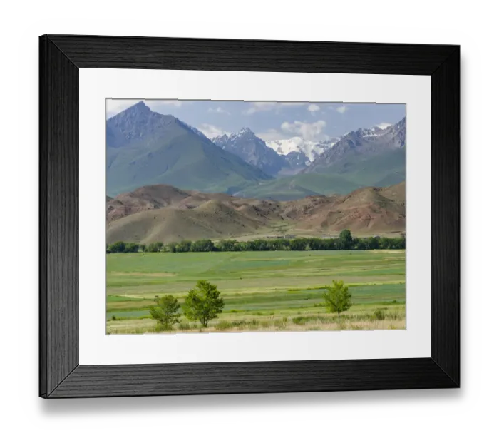Framed Print : Agriculture near lake Issyk-Kul. Tien Shan mountains or heavenly mountains in Kirghizia