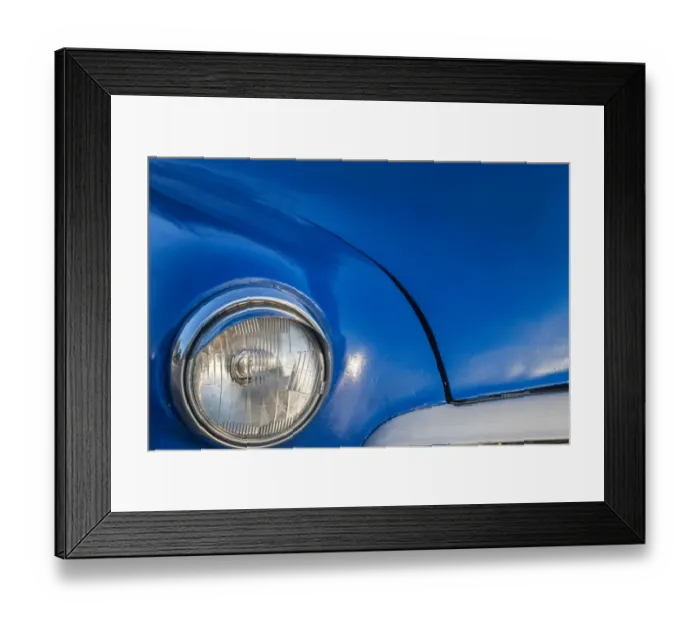 Framed Print : Detail of front end headlight on a classic blue American car in Vieja, old Habana, Havana
