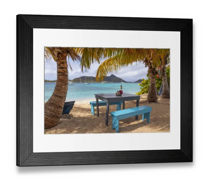 Framed Print : Caribbean, Grenada, Sandy Island. Picnic table and hammock on beach Framed Print : Caribbean, Grenada, Sandy Island. Picnic table and hammock on beach