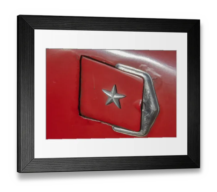 Framed Print : Detail of gasoline tank door with star on classic American car in Vieja, old Habana Framed Print : Detail of gasoline tank door with star on classic American car in Vieja, old Habana