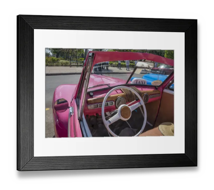 Framed Print : View into drivers seat of classic convertible pink American car parked in Vieja Framed Print : View into drivers seat of classic convertible pink American car parked in Vieja