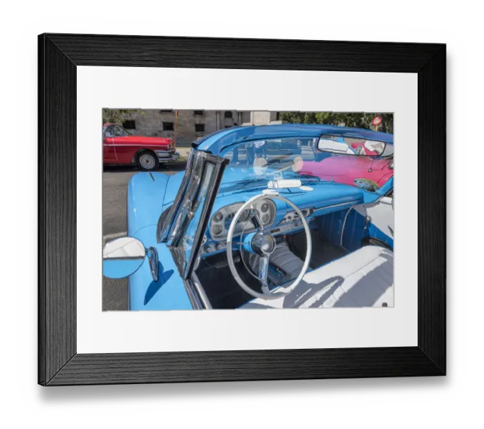 Framed Print : View into drivers seat of a classic convertible baby blue American car parked in Framed Print : View into drivers seat of a classic convertible baby blue American car parked in