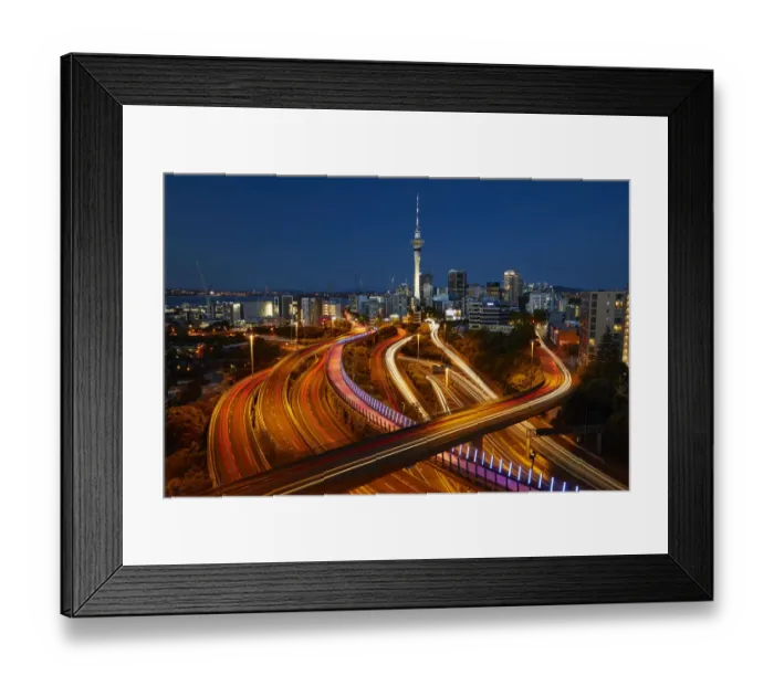 Framed Print : Motorways, Lightpath cycleway, and Skytower at dusk, Auckland, North Island, New Zealand Framed Print : Motorways, Lightpath cycleway, and Skytower at dusk, Auckland, North Island, New Zealand
