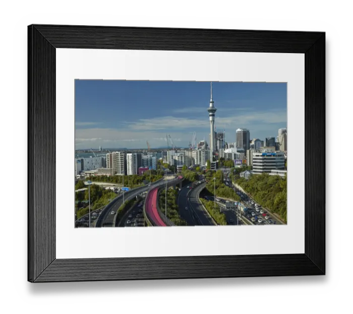 Framed Print : Motorways, Lightpath cycleway, and Skytower, Auckland, North Island, New Zealand