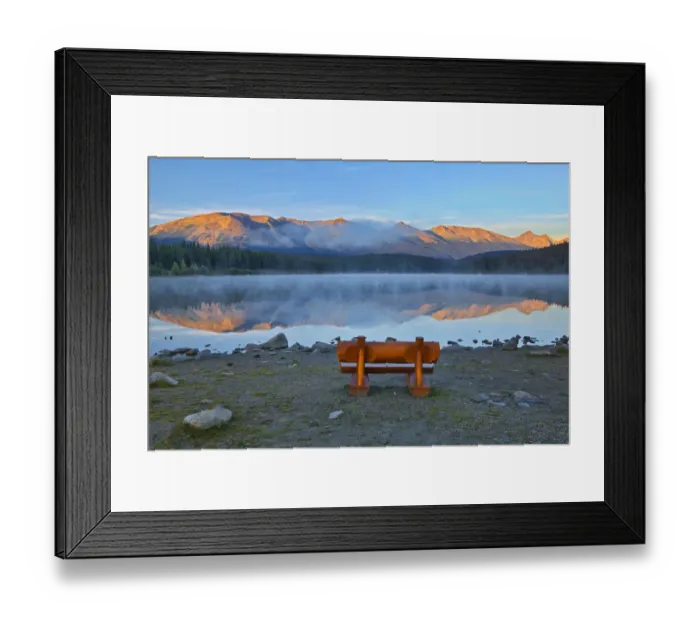 Framed Print : Canada, Alberta, Jasper National Park. Bench overlooking lake and mountains at sunset Framed Print : Canada, Alberta, Jasper National Park. Bench overlooking lake and mountains at sunset
