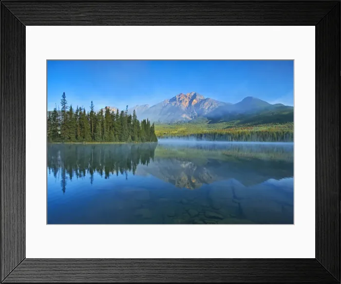 Framed Print : Canada, Alberta, Jasper National Park. Mountain and forest reflections in lake