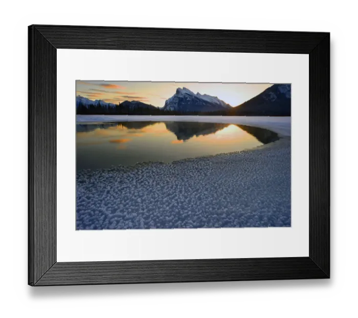Framed Print : Snow crystals rim a lone break in the ice on Vermilion Lakes on a cold Banff National Framed Print : Snow crystals rim a lone break in the ice on Vermilion Lakes on a cold Banff National
