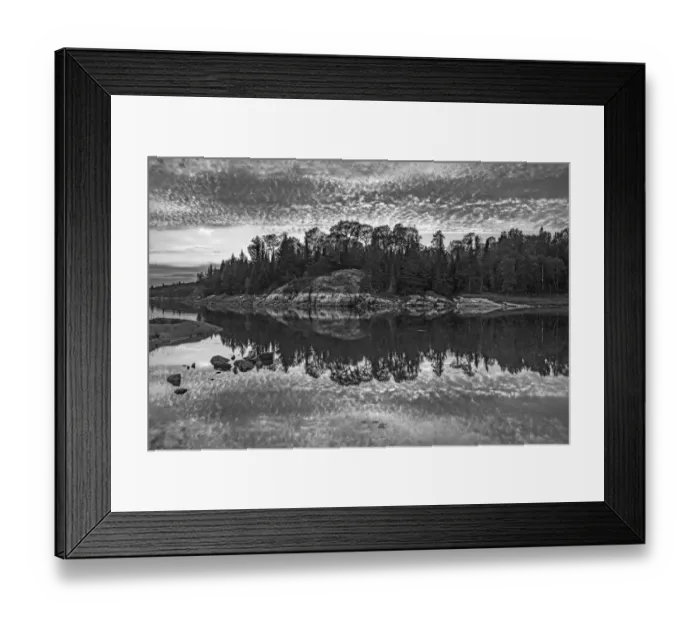 Framed Print : Canada, Ontario, Kenora District. Black and white of clouds reflected in Middle Lake