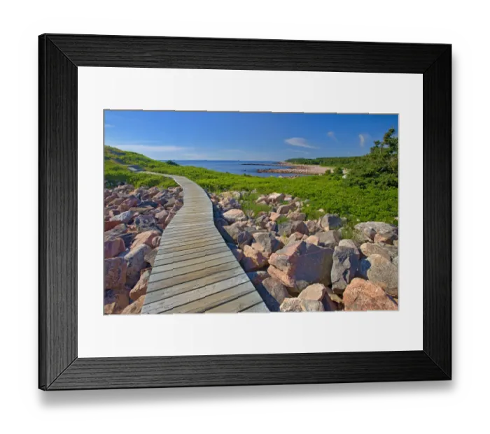 Framed Print : Canada, Nova Scotia, Cape Breton Island. Wooden walkway along rocky shoreline