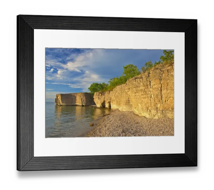 Framed Print : Canada, Manitoba, Steep Rock. Limestone cliffs along Lake Manitoba at sunset