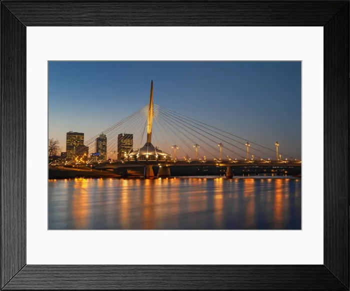 Framed Print : Canada, Manitoba, Winnipeg. Esplanade Bridge over Red River at sunset