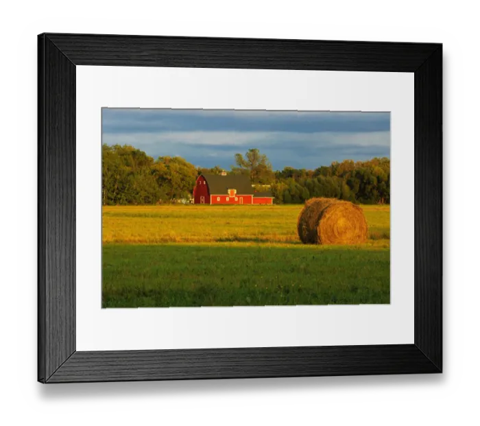 Framed Print : Canada, Manitoba, Matlock. Red barn and bale at sunrise Framed Print : Canada, Manitoba, Matlock. Red barn and bale at sunrise