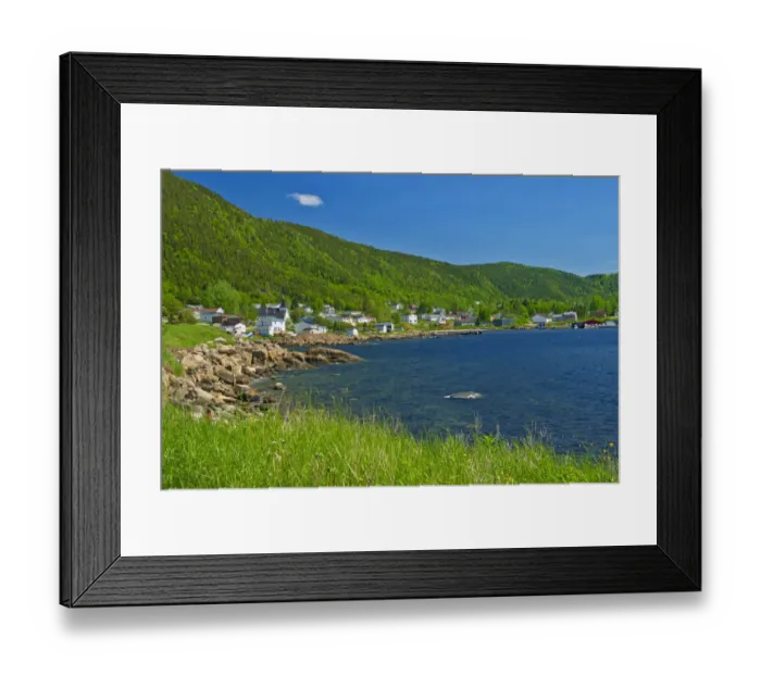 Framed Print : Canada, Newfoundland. Fishing village and shoreline along White Bay Framed Print : Canada, Newfoundland. Fishing village and shoreline along White Bay