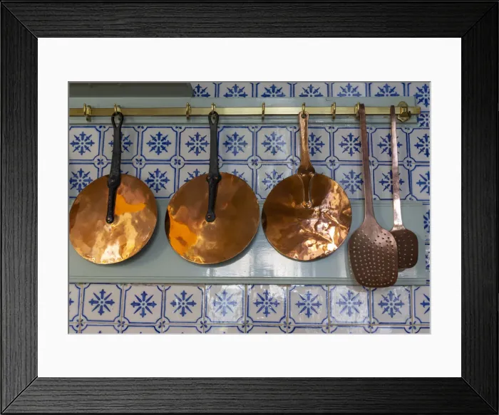 Framed Print : France, Giverny. Copper utensils in kitchen of Monets house