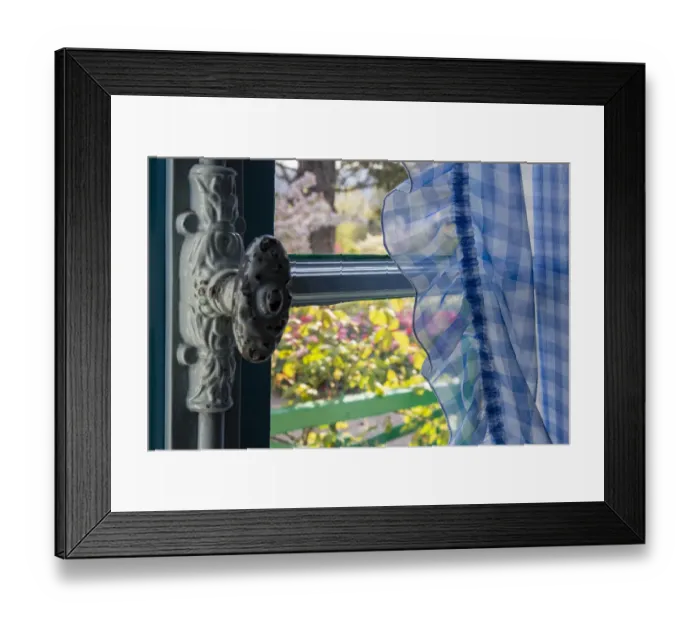 Framed Print : France, Giverny. Looking out at garden from kitchen in Monets house Framed Print : France, Giverny. Looking out at garden from kitchen in Monets house