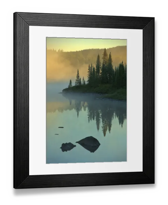 Framed Print : Canada, Quebec, Chibougamau. Lake in fog at sunrise. Credit as