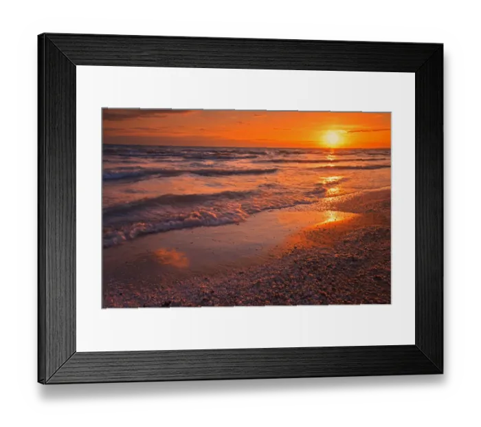 Framed Print : Canada, Ontario, Sandbanks Provincial Park, Waves on Lake Ontario beach at sunset
