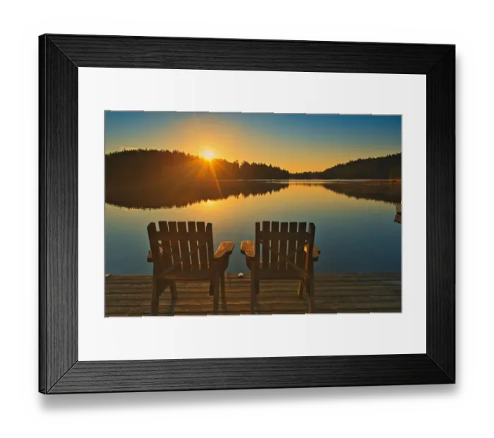 Framed Print : Canada, Ontario, Temagami. Muskoka chairs on Snake Island Lake dock at sunrise Framed Print : Canada, Ontario, Temagami. Muskoka chairs on Snake Island Lake dock at sunrise