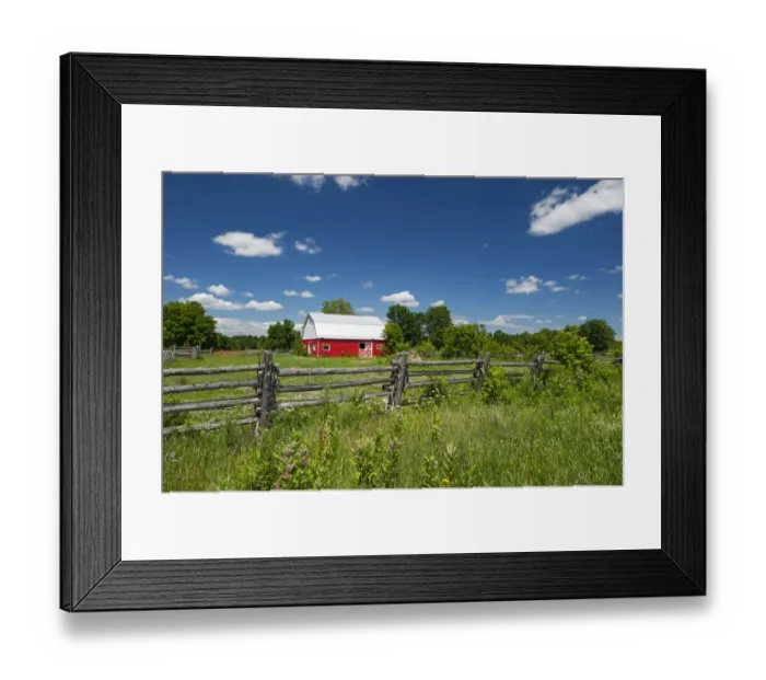 Framed Print : Canada, Ontario, Limoges. Red barn and wooden fence. Credit as