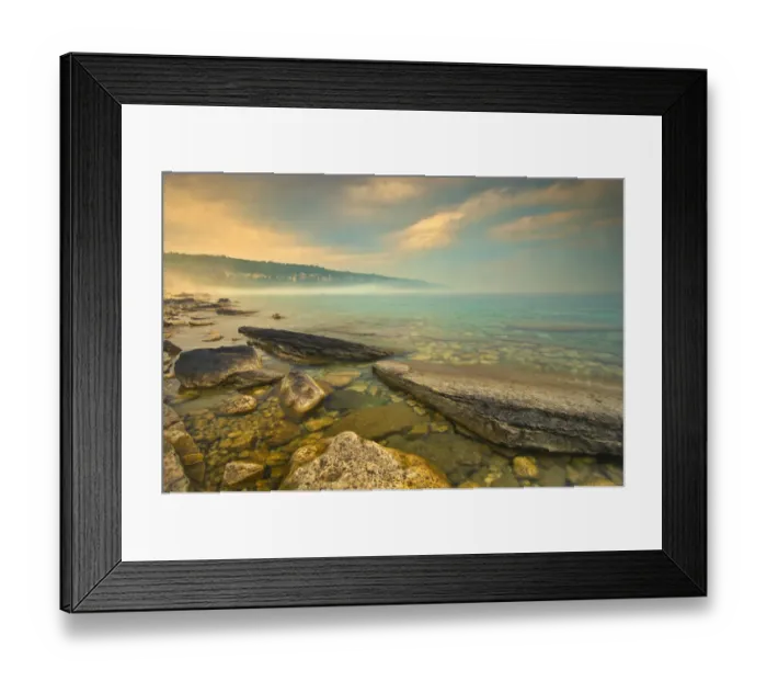 Framed Print : Canada, Ontario, Morning fog on Georgian Bay. Limestone Rock. Barrow Bay. Bruce Peninsula Framed Print : Canada, Ontario, Morning fog on Georgian Bay. Limestone Rock. Barrow Bay. Bruce Peninsula