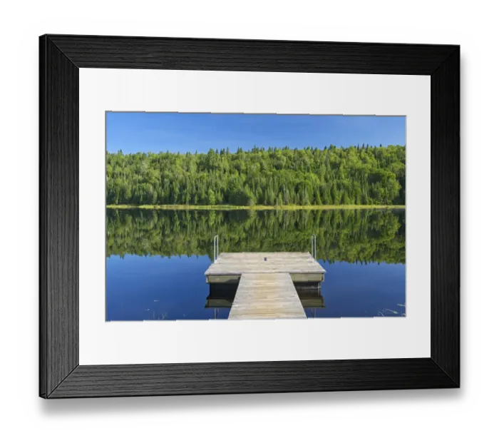 Framed Print : Canada, Quebec, La Mauricie National Park. Tree reflection and dock in Lac Modene Framed Print : Canada, Quebec, La Mauricie National Park. Tree reflection and dock in Lac Modene