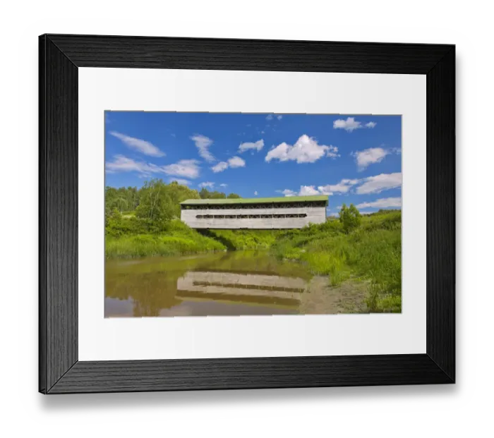 Framed Print : Canada, Quebec, St-Bruno-de-Guigues. Covered bridge over river