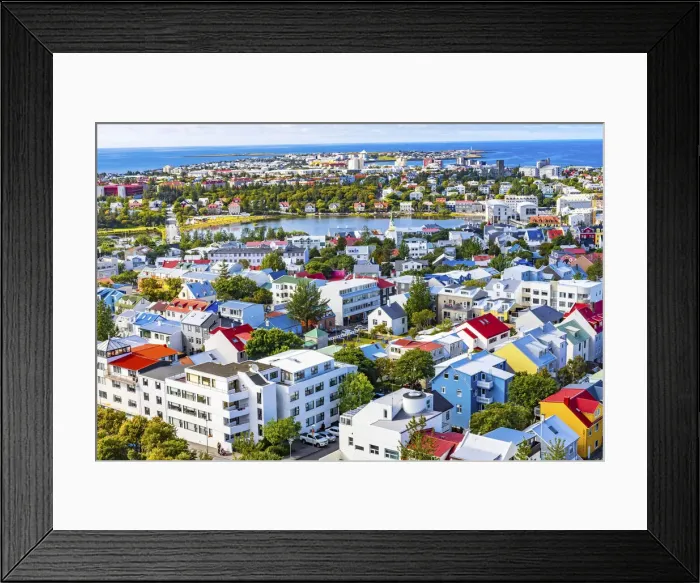 Framed Print : Small Tjornin Lake blue Ocean Sea Colorful blue red white green Houses Streets, Reykjavik Framed Print : Small Tjornin Lake blue Ocean Sea Colorful blue red white green Houses Streets, Reykjavik
